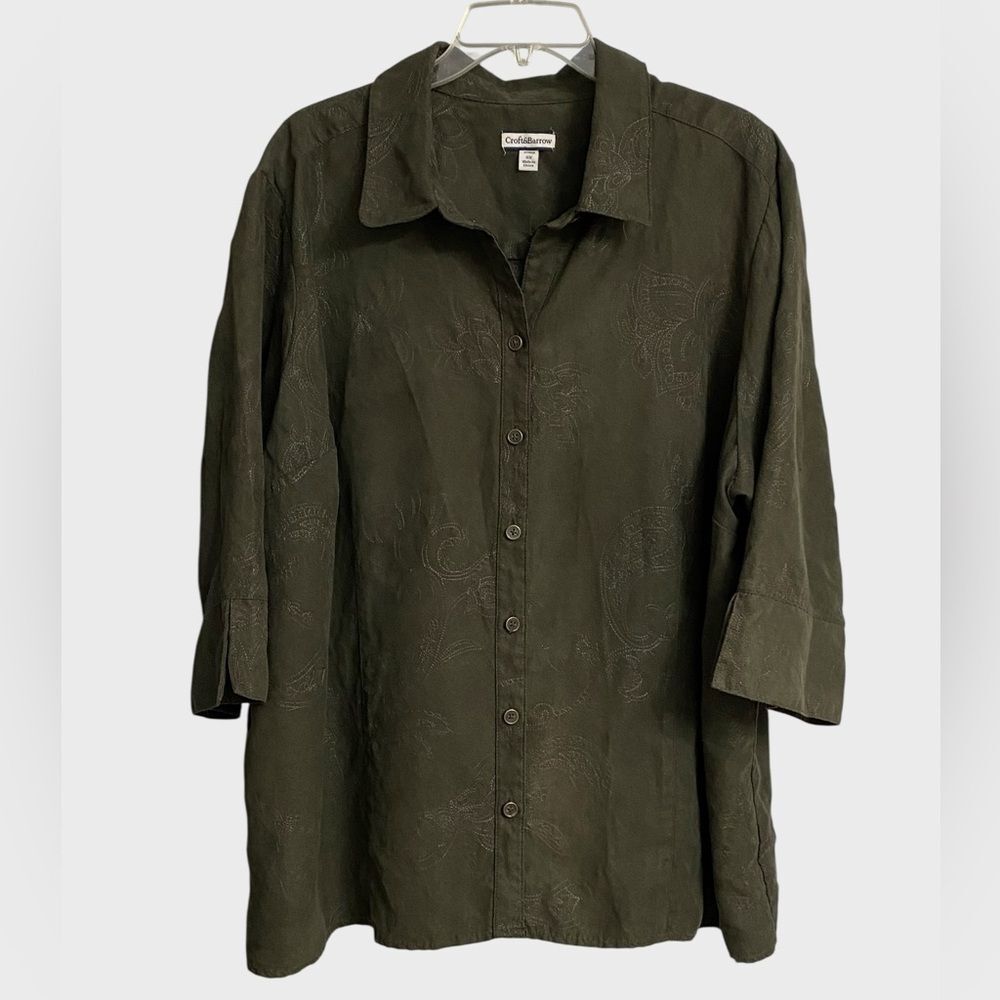 Croft & Barrow Button Up Faux Suede Shirt Jacket Women's 3X Green Embroidered